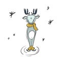 Childish skating deer cartoon with snowflakes nursery illustration sketch. Creative winter Christmas scandinavian style kids art