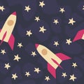Childish Space rocket journye seamless pattern. Cosmos flight concept. Illustration in flat hand drawn style for boy s