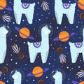 Childish space seamless pattern with cute animals, planets and comets. Vector cartoon cosmos illustration with llamas or alpaca