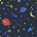 Childish space seamless pattern with hand drawn elements, rockets, stars, planet