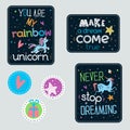 Childish sticker set with unicorns, hearts and positive quotes Royalty Free Stock Photo