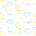 Childish style digital paper watercolor half moon, star, cloud seamless pattern for kids wear. Hand drawn illustration