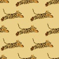 Childish style seamless pattern with simple orange and brown tiger print. Light beige background