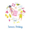 Childish Summer Beach Vacation Card with Kids, Fish and Birds. Cute Background with Sea Creatures for Decor, Greetings Royalty Free Stock Photo