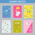 Childish Summer Beach Vacation Cards with Kids, Fish and Birds. Cute Backgrounds with Sea Creatures for Decor, Greetings Royalty Free Stock Photo