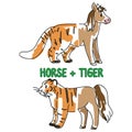 Childish tiger and horse animal splice vector illustration. Hand drawn doodle inked wildlife animal creature mixture