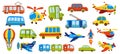 Childish transport. Cute cartoon train taxi car plane blimp hot air balloon, set of funny flat road vehicle toys doodle Royalty Free Stock Photo