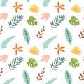 Childish tropical leaves pattern. Cartoon jungle background, rainforest seamless pattern. African wallpaper, cute safari