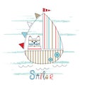 Childish vector illustration with sailboat and cat Royalty Free Stock Photo