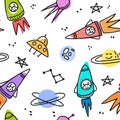 Childish vector pattern with rockets in space