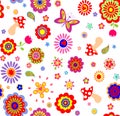 Childish wallpaper with colorful abstract flowers and mushrooms