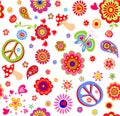 Childish wallpaper with hippie peace symbol, flower-power, poppies, butterfly, mushroom and paisley