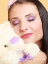 Childish woman infantile girl hugging teddy bear Royalty Free Stock Photo