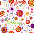 Childish wrapper with embroidered peace symbol, colorful abstract flowers, and doves Royalty Free Stock Photo