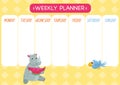 Childishly cute week planner. Horizontal. With cute rhino, watermelon and bird.