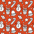 Christmas doodles on red background seamless digital pattern