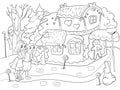 Childlike coloring vector story scene with pair of children eating some sweets near colorful cottage in deep forest Royalty Free Stock Photo