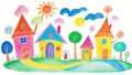 Childlike Drawing of Family House, Tree, Sun Illustration, Colorful Crayon on White Background