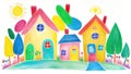 Childlike Drawing of Family House, Tree, Sun Illustration, Colorful Crayon on White Background