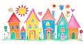 Childlike Drawing of Family House, Tree, Sun Illustration, Colorful Crayon on White Background