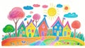 Childlike Drawing of Family House, Tree, Sun Illustration, Colorful Crayon on White Background