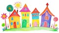 Childlike Drawing of Family House, Tree, Sun Illustration, Colorful Crayon on White Background