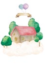 Childlike drawing of house. Hand drawn watercolor illustration. Isolated on white background