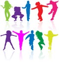 Group of happy school active children silhouette jumping dancing playing running healthy kids child kid kinder action youth play Royalty Free Stock Photo