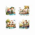 CHILDREN ACTIVITIES FISHING IN RIVER SET CARTOON