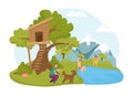 Children activity at tree house, summer nature vector illustration. Boy girl character in cartoon happy childhood at Royalty Free Stock Photo