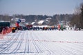 Children and adults at the start of ski competitions. Editorial image of Berezniki, about Russia. 11 March 2018 sports festival Royalty Free Stock Photo