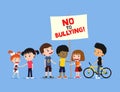 Children against bullying. Group of diverse kids holding banner on a blue background. Cute cartoon illustration Royalty Free Stock Photo