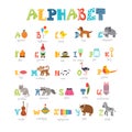 Children alphabet with cute cartoon animals and other funny elem Royalty Free Stock Photo