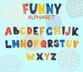 Children alphabet font. Cartoon kids typeface. English uppercase childish letters. Decorative doodle patterned text