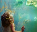 Children, aquarium and sustainability with a girl looking into a fish tank for conservation, learning or development