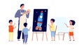 Children art studio. Kids drawing, painter teaching boy and girl paint. Kindergarten or school lesson vector