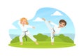 Children Asian Martial Art Fighters, Cute Boy and Girl Athletes Practicing Karate Technique, Kids Wearing Kimono Royalty Free Stock Photo