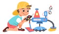 Children assemble robot. Boy controls automated cleaning machine. Interaction with artificial intelligence. Innovation