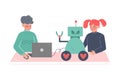 Children Assembling and Programming Robots, Boy and Girl Engineers Working on Future Technology Educational Project