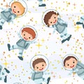 Children astronauts in spacesuits. Kid. Cosmos background. Seamless pattern. Childrens illustration. Starry sky