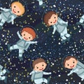 Children astronauts in spacesuits. Kid. Cosmos background. Seamless pattern. Childrens illustration. Starry sky