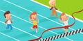 Children in athletics competitions. The boys run in the stadium and finish. The child came running first and won