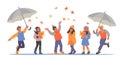 Children in autumn playing with leaves and walking under umbrella, flat vector