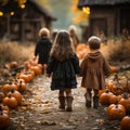 Children from the back walk along the path in costumes on Halloween.
