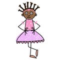 Children ballet classes. Dark skinned little ballerina in pink costume makes her exercises. Kids Drawing style Royalty Free Stock Photo