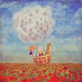Children in a balloon over the beautiful landscape with poppies