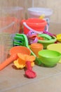 Children bath plastic toys put in the bathroom which have a pink small duck in the middle. Royalty Free Stock Photo