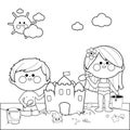 Children at the beach building a sandcastle. Vector black and white coloring page.