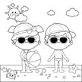 Children at the beach with hats and sunglasses. Vector black and white coloring page.