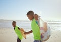 Children, beach and pollution with friends cleaning plastic or litter from the sand by the sea or ocean. Nature, recycle